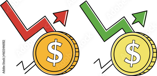 Stock market volatility and financial investment showing upward and downward trends with dollar coin representation analysis of economic uncertainty