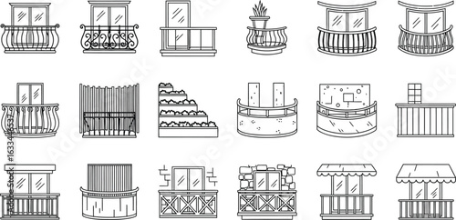 Collection of balcony architecture design, featuring building exterior, facade, house, modern, outdoor, rail, and residential structure
