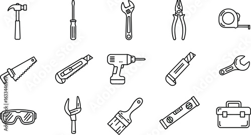 Set of construction tools icons, including hammer, screwdriver, wrench, pliers, tape measure, saw, cutter, drill, level, goggles, brush, and toolbox