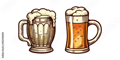 A single mug of golden beer with a frothy white foam sits isolated on a white background