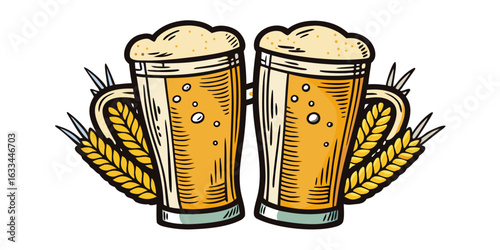 Single mug of golden beer with a frothy white head and a handle, isolated on a white background