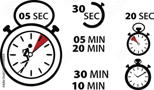 Stopwatch Timer Icons for Running and Countdown Time in Seconds and Minutes for Workout and Exercise Training