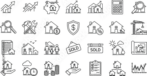 Collection of line art icons representing real estate concepts, including property investment, market trends, and financial aspects