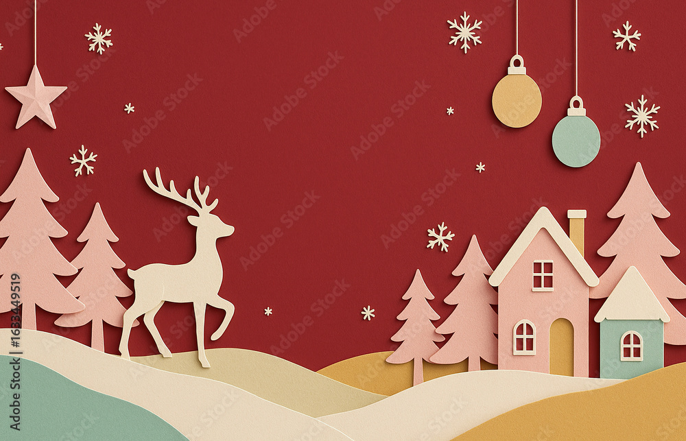 Naklejka premium Paper-cut style Christmas background with festive elements and copy space for text, Christmas backdrop in pastel tones with paper-cut decorations.