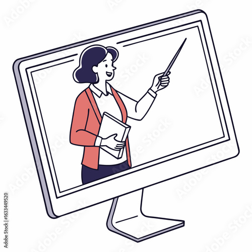 Woman teacher pointing with stick on digital screen