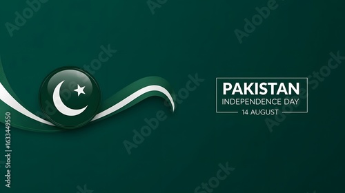 Modern Pakistan Independence Day Design – Glossy Flag Emblem with Flowing Ribbon on Dark Green Background