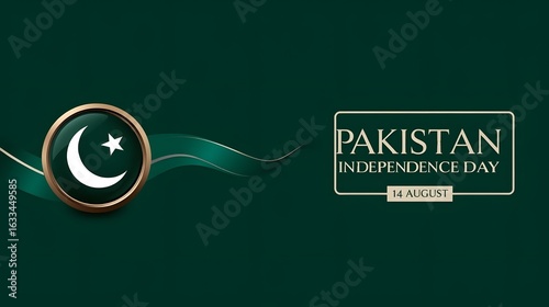 Modern Pakistan Independence Day Design – Glossy Flag Emblem with Flowing Ribbon on Dark Green Background
