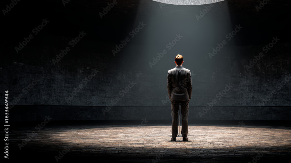 Obraz premium Man standing alone in dark room illuminated by single spotlight, creating dramatic and contemplative atmosphere