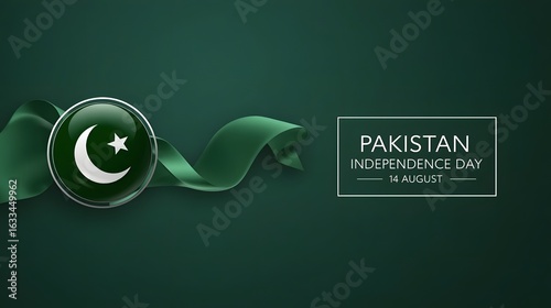 Modern Pakistan Independence Day Design – Glossy Flag Emblem with Flowing Ribbon on Dark Green Background