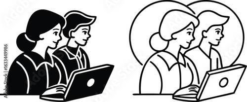 Teamwork and collaboration concept illustration of two people working on a laptop together in monochrome line art style for business themes
