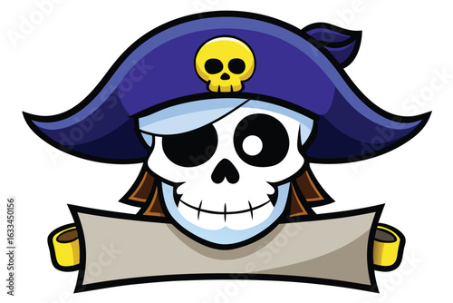 Cartoon Pirate Skull Holding Blank Banner with Blue Hat and Skull Decoration