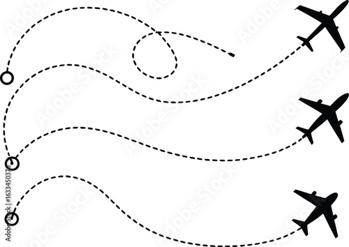 Three Airplanes Flying Different Paths with Dotted Lines Connecting Starts and Ends Isolated on White Background