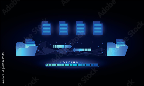 Data transfer server, folders and file document cloud backup archive system for business and AI technology digital storage platform network communication upload server infrastructure. Loading