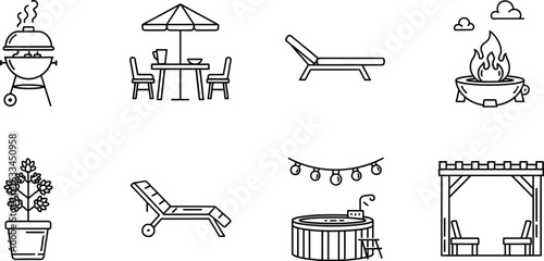 Set of outdoor furniture icons grill, table, chair, lounger, fire, plant, pot, hot tub, pergola, garden, patio, backyard, summer, relax, and leisure