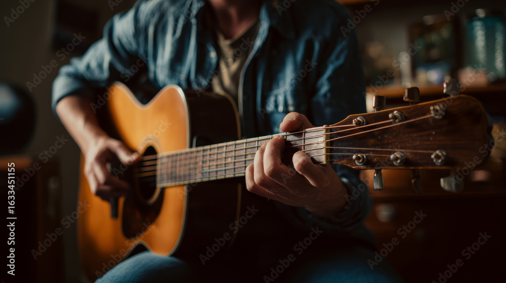 Fototapeta premium Acoustic guitar player strumming wooden instrument with focused hand in cozy indoor setting creating warm and intimate atmosphere
