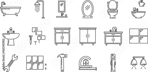Bathroom fixtures and plumbing equipment icons for home improvement, renovation, remodel, repair, and construction projects