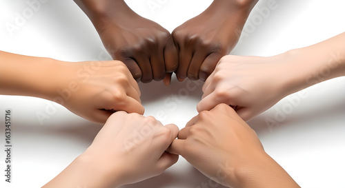 Symbolic display of unity and cooperation, featuring diverse hands joined together in a collective gesture, emphasizing diversity, teamwork, and inclusion.