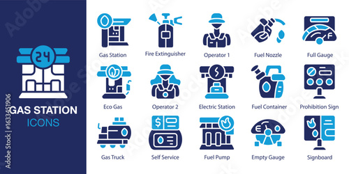 Gas Station icon set. Containing Gas Station, Fire Extinguisher, Operator 1, Fuel Nozzle, Full Gauge, and Eco Gas and more. Solid vector icons collection. Vector illustration.