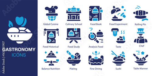 Gastronomy icon set. Containing Global Cuisine, Culinary School, Food Book, Food Experiment, Rolling Pin, and Food Historical and more. Solid vector icons collection. Vector illustration.