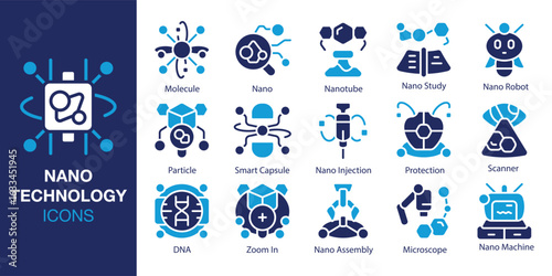 Nano Technology icon set. Containing Molecule, Nano, Nanotube, Nano Study, Nano Robot, and Particle and more. Solid vector icons collection. Vector illustration.