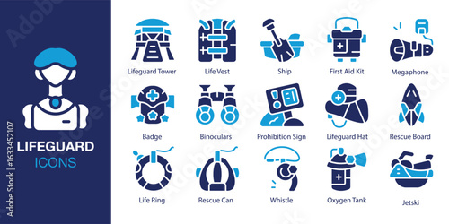 Lifeguard icon set. Containing Lifeguard Tower, Life Vest, First Aid Kit, Megaphone, Rescue Board, and Whistle and more. Solid vector icons collection. Vector illustration.