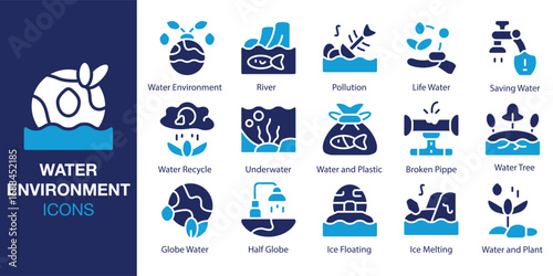 Water Environment icon set. Containing Water Environment, Pollution, Water and Plastic, Broken Pippe, Ice Floating, and Water and Plant and more. Solid vector icons collection. Vector illustration.