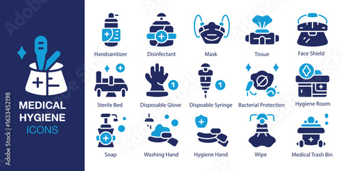 Medical Hygiene icon set. Containing Handsanitizer, Mask, Face Shield, Disposable Syringe, Hygiene Room, and Washing Hand and more. Solid vector icons collection. Vector illustration.