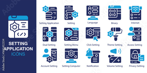Setting Application icon set. Containing Setting Application, Setting, Language, Binary, Internet, Dual Setting and more. Solid vector icons collection. Vector illustration.