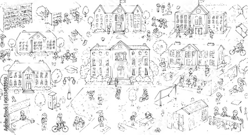 School Life: A Detailed Line Art Illustration of Buildings, Students, and Activities
