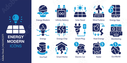 Energy Modern icon set. Containing Energy Modern, Infinity Battery, Solar Panel, Wind Turbine, Energy App, Energy and more. Solid vector icons collection. Vector illustration.