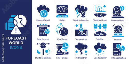 Forecast World icon set. Containing Forecast World, Radar, Weather Location, Weather Graph, Forecast News, Date Forecast and more. Solid vector icons collection. Vector illustration.