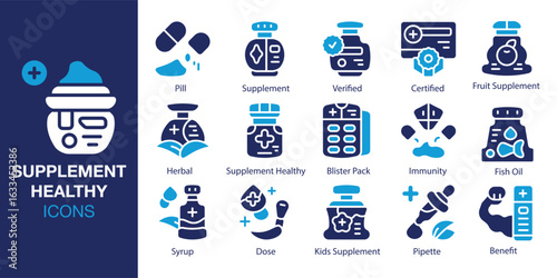 Supplement Healthy icon set. Containing Pill, Supplement, Verified, Certified, Fruit Supplement, Herbal and more. Solid vector icons collection. Vector illustration.