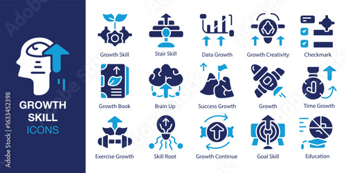 Growth Skill icon set. Containing Growth Skill, Stair Skill, Data Growth, Growth Creativity, Checkmark, Growth Book and more. Solid vector icons collection. Vector illustration.