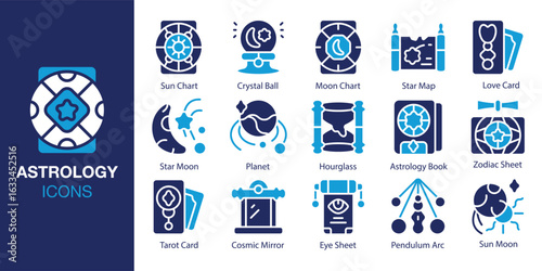 Astrology icon set. Containing Sun Chart, Crystal Ball, Moon Chart, Star Map, Love Card, Star Moon and more. Solid vector icons collection. Vector illustration.