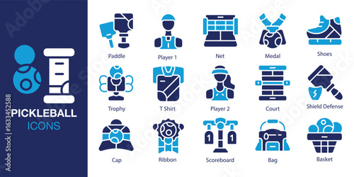 Pickleball icon set. Containing Paddle, Player 1, Net, Medal, Shoes, Trophy and more. Solid vector icons collection. Vector illustration.