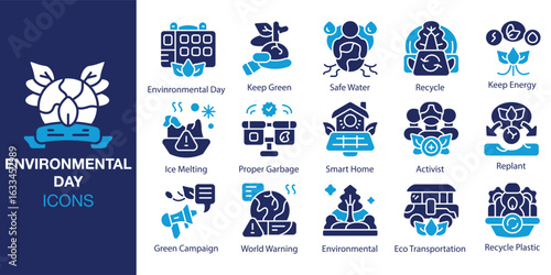 Environmental Day icon set. Containing Environmental Day, Keep Green, Safe Water, Recycle, Keep Energy, Ice Melting and more. Solid vector icons collection. Vector illustration.
