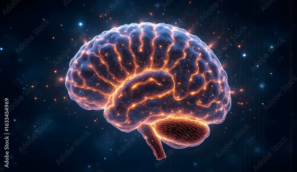 Fototapeta premium Future Tech Brain: Orange Neuron Connections in Cosmic Space