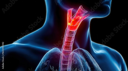 3D rendered medical image showing inflamed larynx and upper trachea in the human neck, useful for ENT and respiratory studies.

