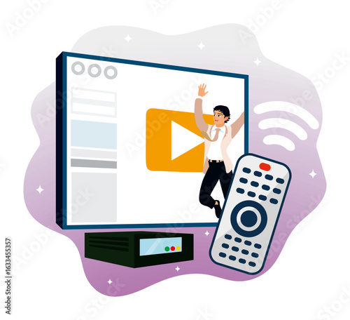 Smart TV with remote control for watching videos.