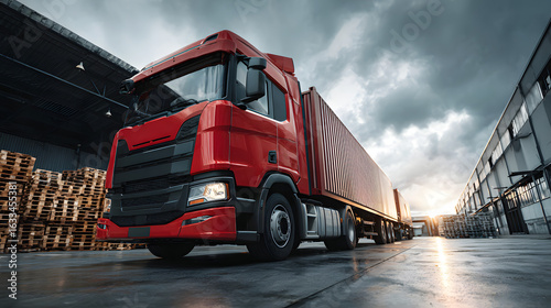 Cargo truck parked for loading with goods against a cloudy blue sky in an industrial warehouse setting
