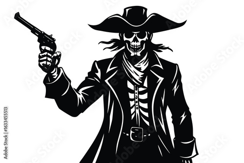 Cowboy Skeleton in Black and White Illustration Holding a Gun Ready to Fire