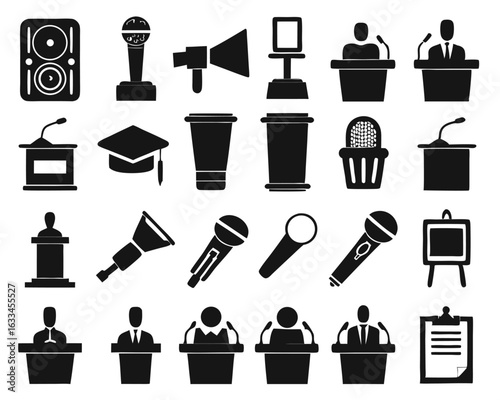 A collection of simple line art icons representing public speaking podiums and conference meeting signs isolated on transparent background