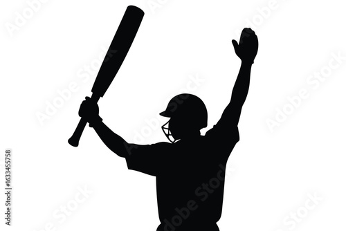 Cricket Player Silhouette with Bat Raised in Victory Celebrating Hit on White Background