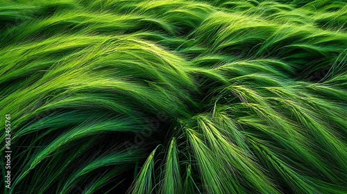 Flowing green silky fibers creating a dynamic and vibrant abstract background. A soft, wavy, and organic texture concept.