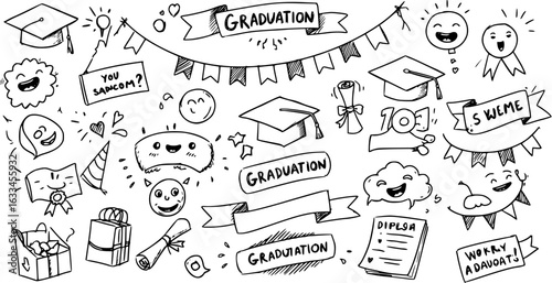 Graduation Doodle Bonanza: Whimsical Celebration Vector Art with Celebration Caps, Diplomas  Banners