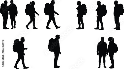 Silhouette of hikers walking, standing, interacting with backpacks, black vector illustration of travelers in motion and stillness, perfect for outdoor, travel, trekking, and adventure design