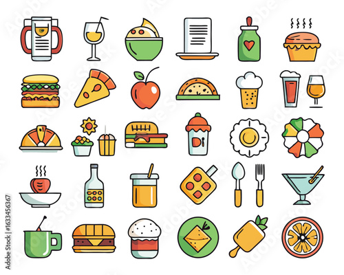 Comprehensive restaurant icon collection featuring menu items food beverages and a wine glass isolated on transparent background