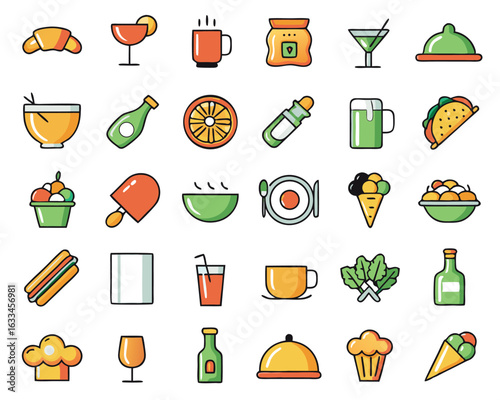 Comprehensive collection of restaurant and food related line art symbols for culinary businesses and dining establishments isolated on transparent background