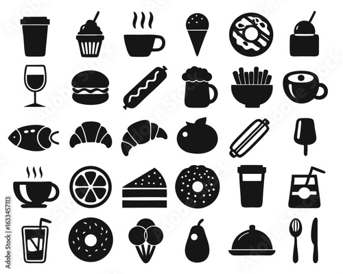 Comprehensive collection of culinary and dining establishment line art symbols for graphic design projects isolated on transparent background