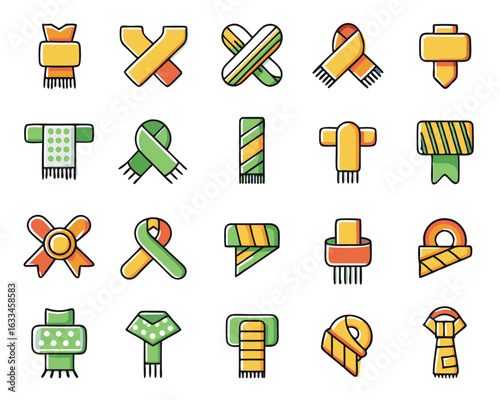 A collection of distinct scarf designs showcasing various artistic styles and patterns isolated on transparent background